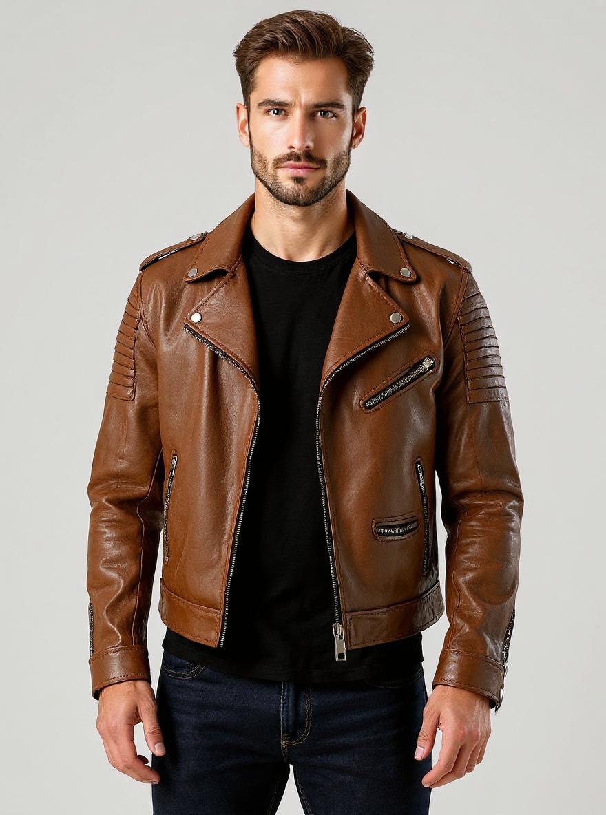 Brown Leather Biker Jacket